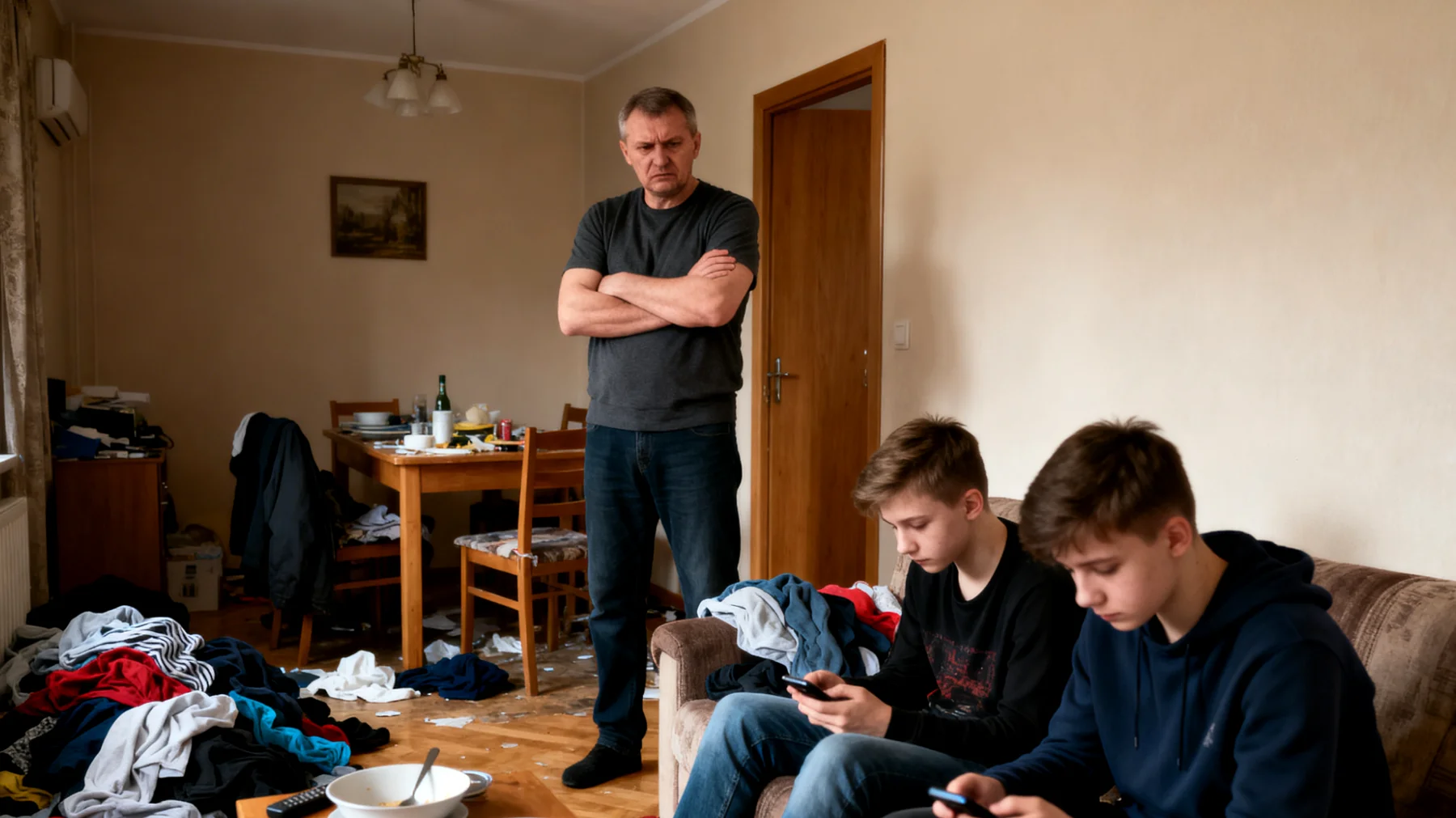 Tata ma trudności z uzyskaniem współpracy nastoletnich dzieci w codziennych obowiązkach domowych - młodzież ignoruje prośby o pomoc, odkłada zadania lub wykonuje je niedbale, co prowadzi do napięć i frustracji w relacji"